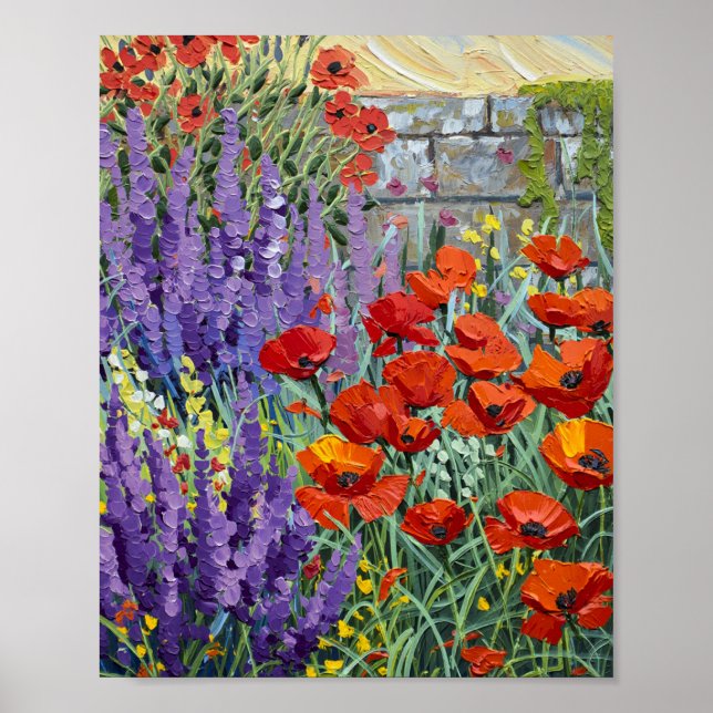 Lebendiges Sommer-Mohn- und Lavendelgarten-Ölfarbe Poster (Vorne)