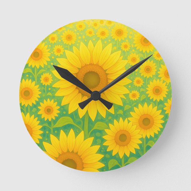 Lebendiges Sonnenblumenfeld-Muster Runde Wanduhr (Vorderseite)
