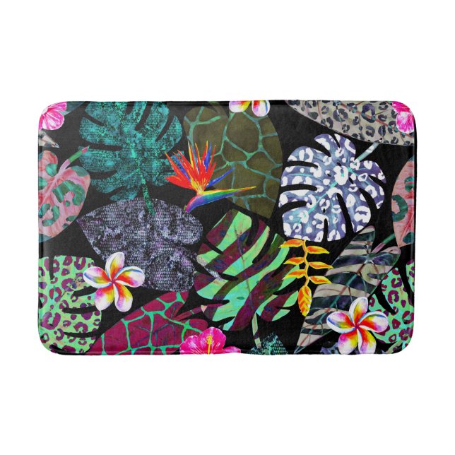 Lebendiges tropisches Blätter- und Blumenmuster Badematte (Vorderseite)