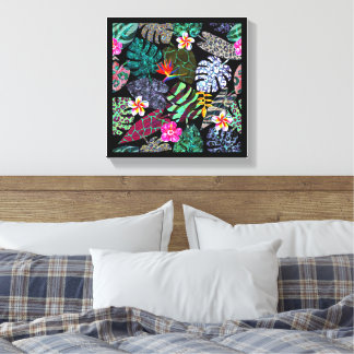 Lebendiges tropisches Blätter- und Blumenmuster Leinwanddruck