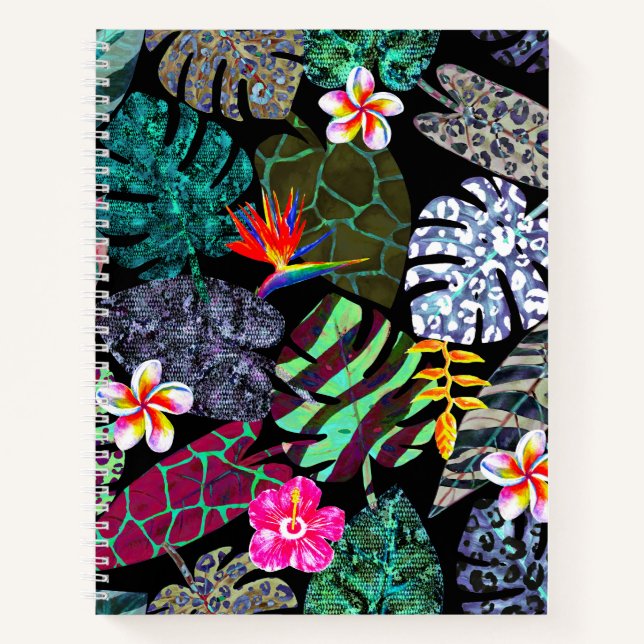 Lebendiges tropisches Blätter- und Blumenmuster Notizbuch (Vorderseite)