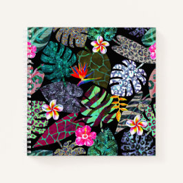 Lebendiges tropisches Blätter- und Blumenmuster Notizbuch