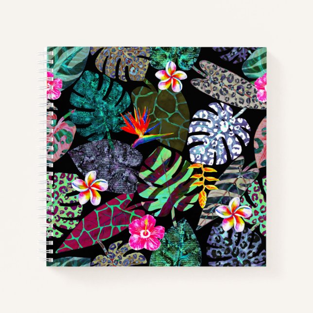 Lebendiges tropisches Blätter- und Blumenmuster Notizbuch (Vorderseite)