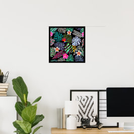 Lebendiges tropisches Blätter- und Blumenmuster Poster