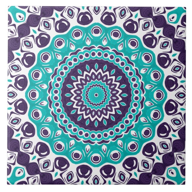 Lebendiges Türkis- und Pflaumen-Mandala-Muster Fliese (Vorderseite)