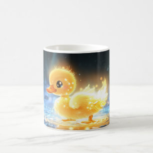 lebendiges und hellgelbes Küken, mit funkelndem Kaffeetasse