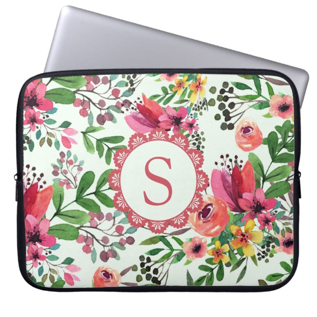 Lebendiges Wasserfarben-Blumenmonogramm Laptopschutzhülle (Vorderseite)