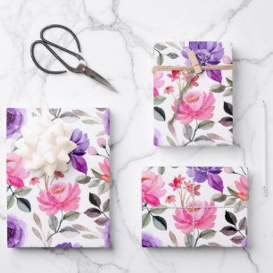 Lebendiges Wasserfarben-Blumenmuster in Rosa und L Geschenkpapier Set