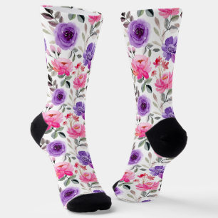 Lebendiges Wasserfarben-Blumenmuster in Rosa und L Socken