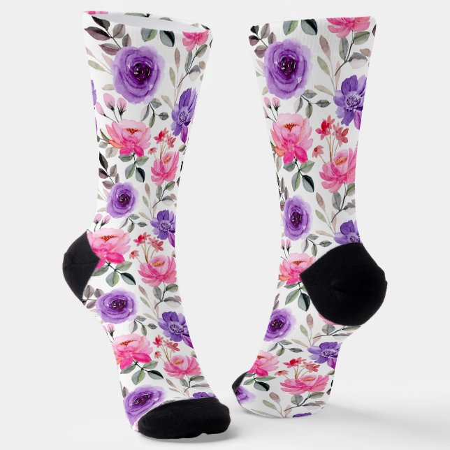 Lebendiges Wasserfarben-Blumenmuster in Rosa und L Socken (Gewinkelt)