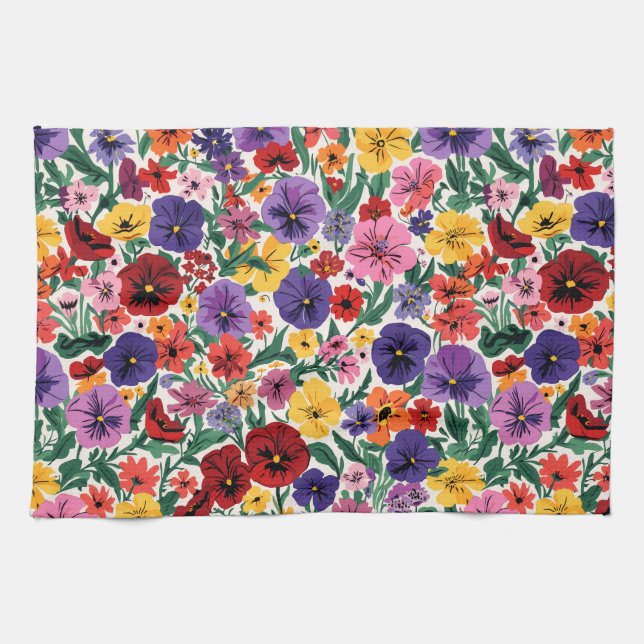 Lebendiges Wildblumen-Stiefmütterchen-Botanikmuste Geschirrtuch (Horizontal)