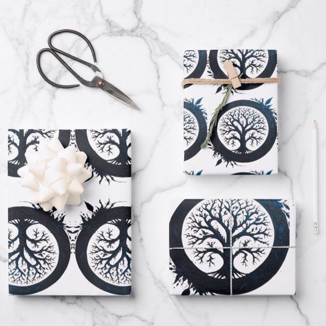 Lebensbaum in Blau Geschenkpapier Set (Vorderseite)