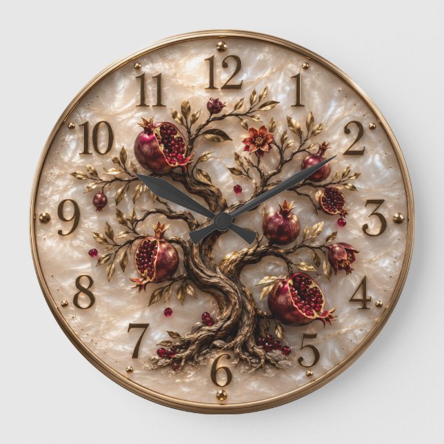 Lebensbaum mit Granatäpfeln | 3D-Relief-Kunst Große Wanduhr (Vorderseite)