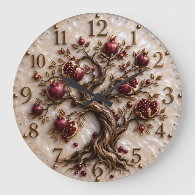Lebensbaum mit Granatäpfeln | 3D-Reliefkunst Große Wanduhr (Vorderseite)