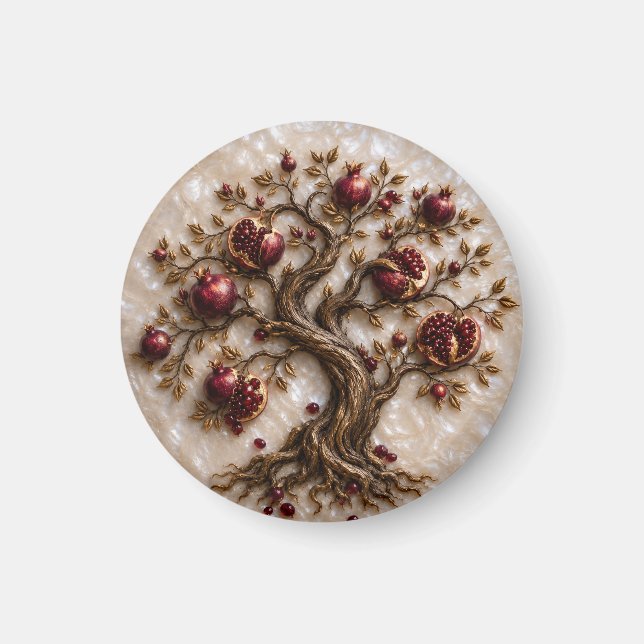 Lebensbaum mit Granatäpfeln | 3D-Reliefkunst Magnet (Vorne)