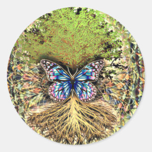 Lebensbaum mit Schmetterlingsgold Runder Aufkleber