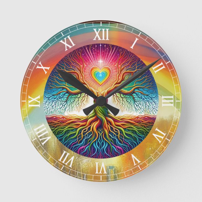 Lebensbaum Regenbogen  Runde Wanduhr (Vorderseite)