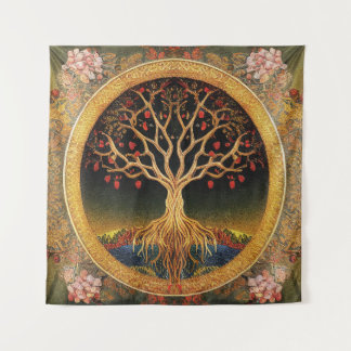 Lebensbaum von kedoki Florale Vintage Stickerei Wandteppich