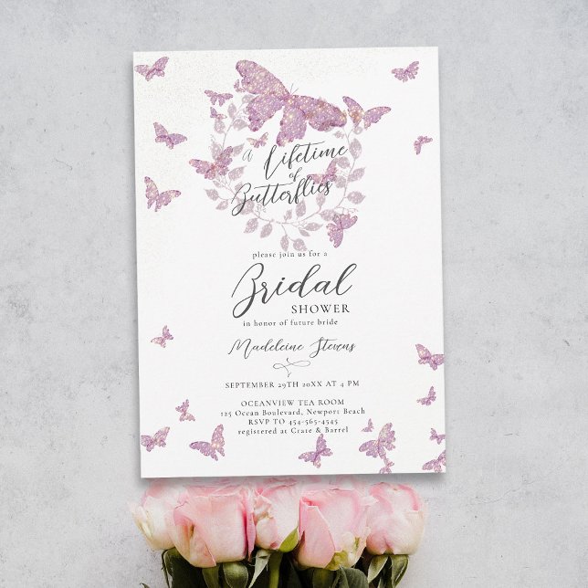 Lebensdauer der Schmetterlinge Gold Lila Brautpart Einladung (a lifetime of butterflies purple pink mauve eucalyptus botanical bridal shower invitation garden)