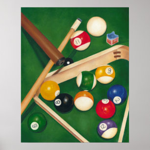 Lebensechte Billard-Tabelle mit Bällen und Kreide Poster