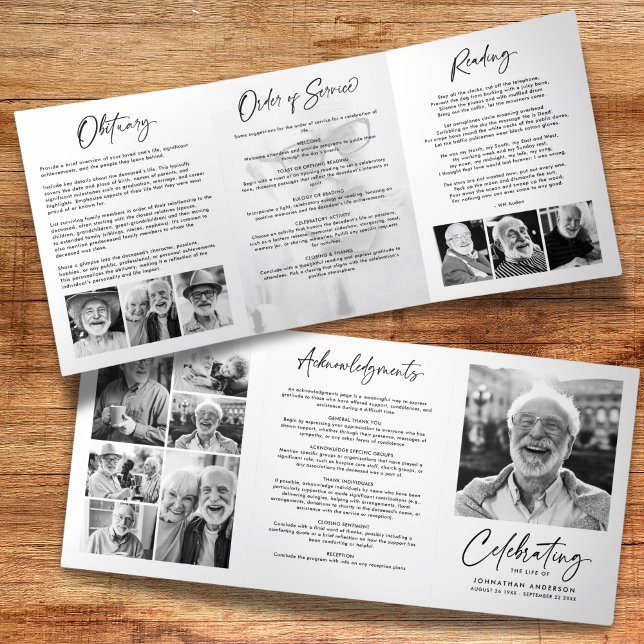 Lebensfeier 14-Foto Schwarz-Weiß-Beerdigung Dreifach-gefaltete Programmkarte (Von Creator hochgeladen)