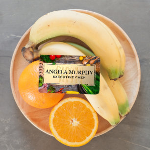 Lebensmittel auf Holztisch   Goldrahmen   Küchenge Visitenkarte