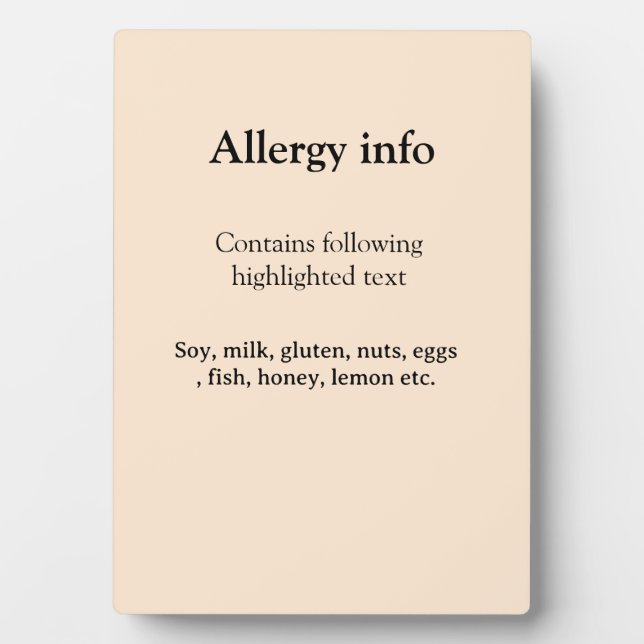 Lebensmittelallergie-Warnung Name Text Lebensmitte Fotoplatte (Vorderseite)