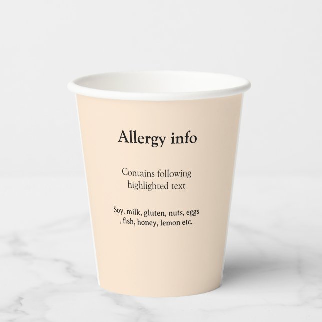 Lebensmittelallergie-Warnung Name Text Lebensmitte Pappbecher (Vorderseite)
