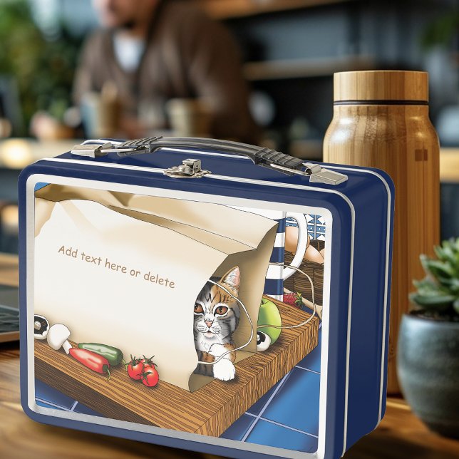 Lebensmittelgeschäft Papiertasche Katze Küche Blau Metall Brotdose (Von Creator hochgeladen)