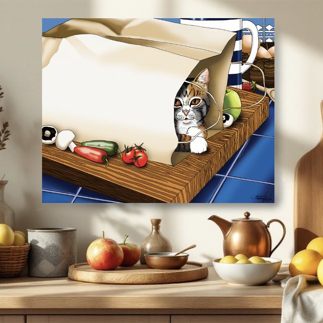 Lebensmittelgeschäft Papiertasche Katze Küche Blau Poster (Von Creator hochgeladen)