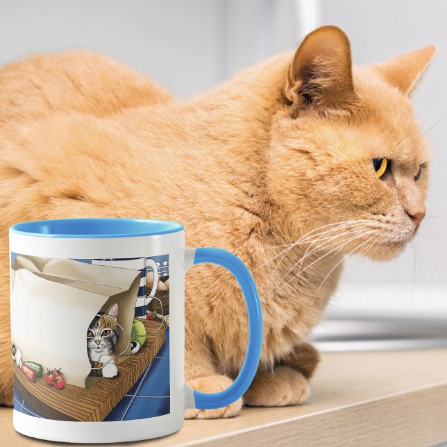 Lebensmittelgeschäft Papiertasche Katze Küche Blau Tasse (Von Creator hochgeladen)