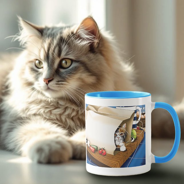 Lebensmittelgeschäft Papiertasche Katze Küche Blau Tasse (Von Creator hochgeladen)