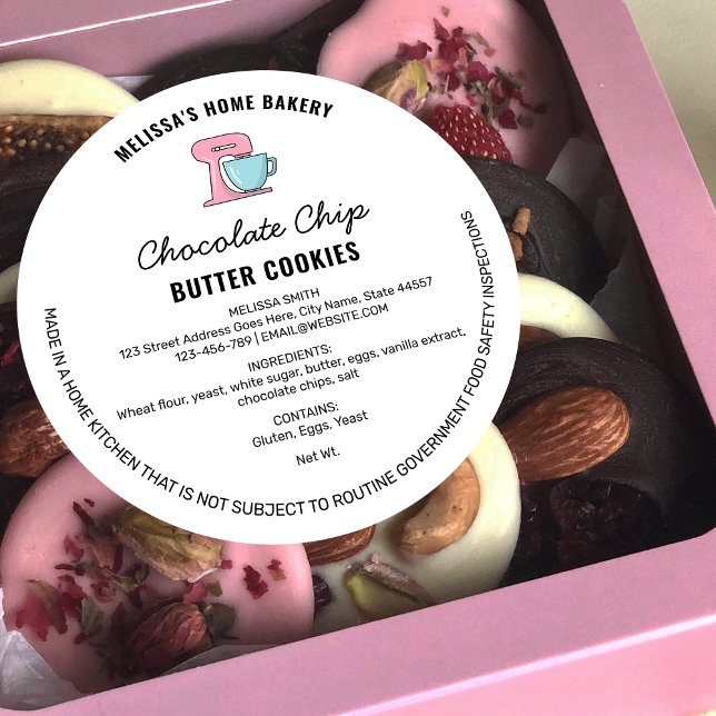 Lebensmittellizenzzeichen für moderne Bäckereien Runder Aufkleber (Trendy home bakery food labels with ingredients, contact details and a cute mixer clip art )