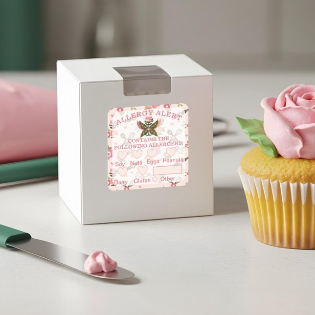 Lebensmittelsicherheitsallergie Butterfly Butterfl Quadratischer Aufkleber (Food Safety Allergy Alert Bakery Butterfly Cake Square Sticker)