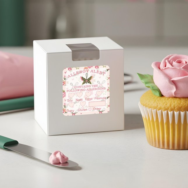 Lebensmittelsicherheitsallergie Butterfly Warnbäck Quadratischer Aufkleber (Food Safety Allergy Alert Bakery Butterfly Whisk Square Sticker)