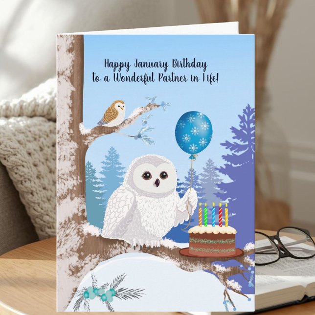 Lebenspartner Froher Januar-Geburtstag Schneeeule Karte (Von Creator hochgeladen)