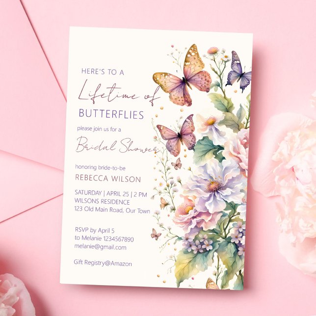 Lebenszeit der Schmetterlinge, blumengeschmücktes  Einladung (Lifetime of Butterflies floral garden bridal shower Invitation template spring summer wild flowers)