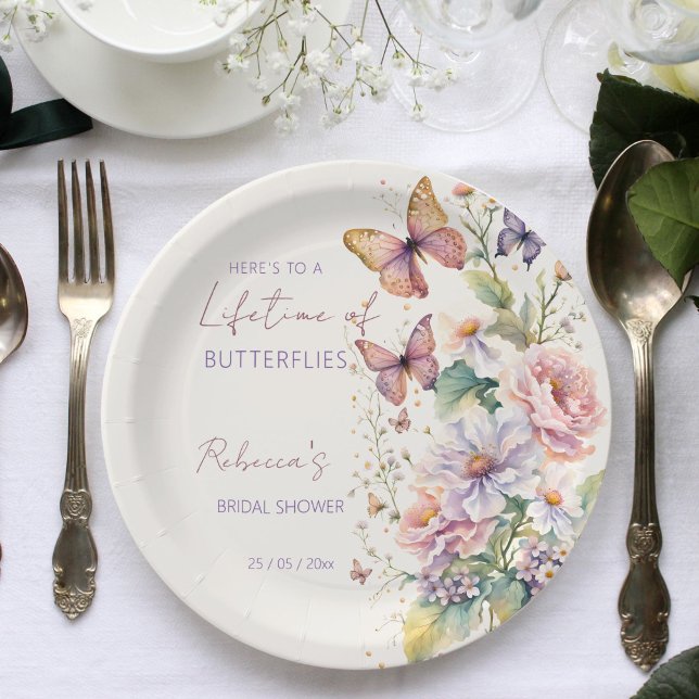 Lebenszeit der Schmetterlinge, blumengeschmücktes  Pappteller (Here's to a Lifetime of Butterflies floral spring summer bridal shower template Paper Plates)