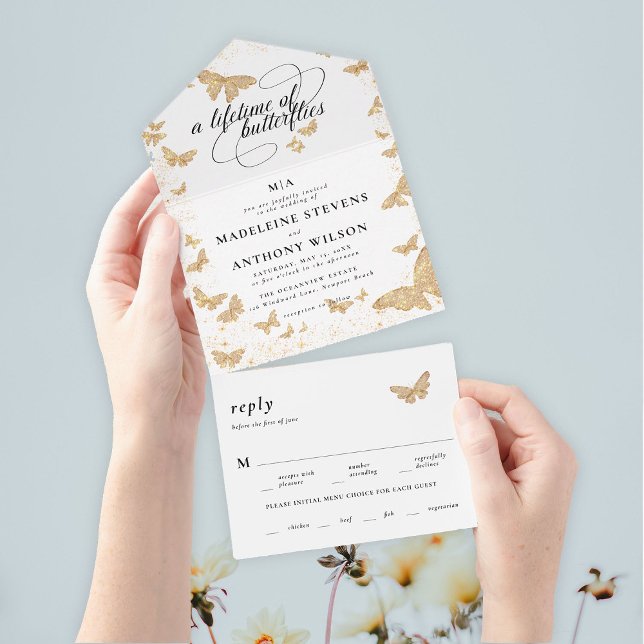 Lebenszeit der Schmetterlinge Elegante romantische All In One Einladung (a lifetime of butterflies theme modern romantic elegant minimalist all in one trifold garden wedding)