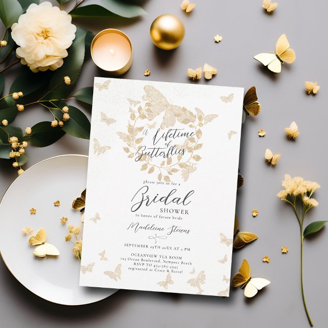 Lebenszeit der Schmetterlinge Gold Garden Brautpar Einladung (lifetime butterflies gold eucalyptus wreath bridal shower invitation elegant garden party romantic)