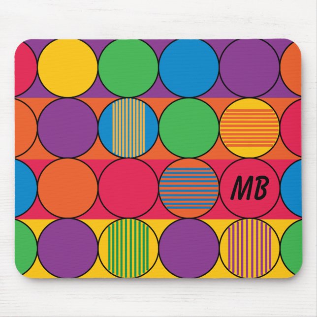Lebhaft gefärbte Kreise und Streifen und Initialen Mousepad (Vorne)
