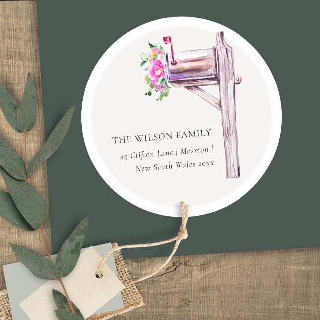 Lebhaft rosa Floral Mailbox Wir haben bewegte Adre Runder Aufkleber (Von Creator hochgeladen)