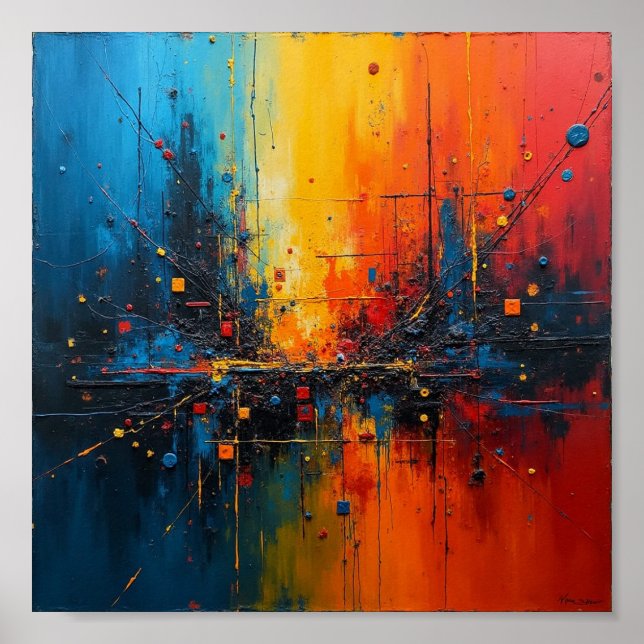 Lebhafte abstrakte Kunst mit Blau, Orange und Gelb Poster (Vorne)