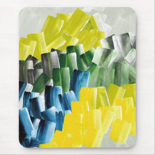 Lebhafte Abstrakte Pinselstriche Gelb, Grün und Bl Mousepad