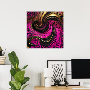 Lebhafte Abstrakte Rosa Schwarz-Gold-Swirl-Leinwan Poster