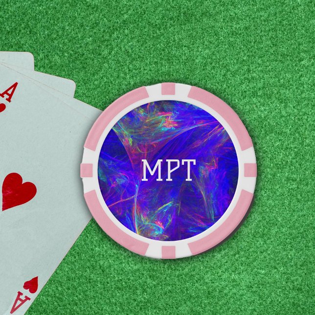 Lebhafte Abstrakte Wirbel von Blues-Grüntönen Pokerchips (Vibrant abstract swirls of neon pinks and greens on deep blue on poker chips.)