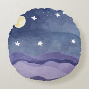 Lebhafte Aquarellbahn Moon Star Shinting Round Pil Rundes Kissen