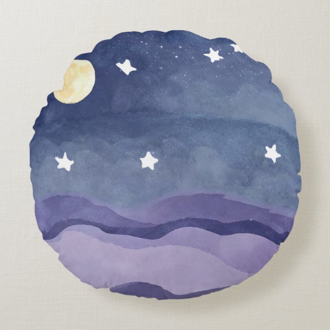 Lebhafte Aquarellbahn Moon Star Shinting Round Pil Rundes Kissen (Vorderseite)