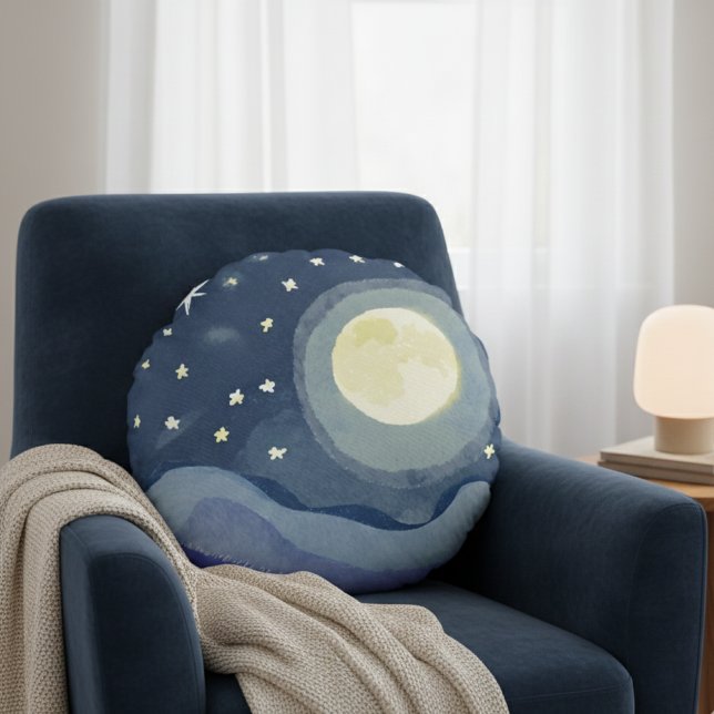Lebhafte Aquarellbahn Moon Star Shinting Round Pil Rundes Kissen (Von Creator hochgeladen)