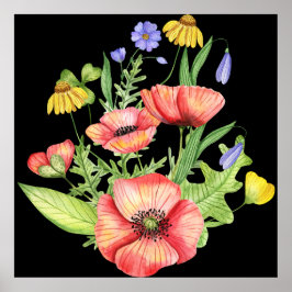 "Lebhafte Aquarellfarben-Wildblumen auf schwarzer  Poster